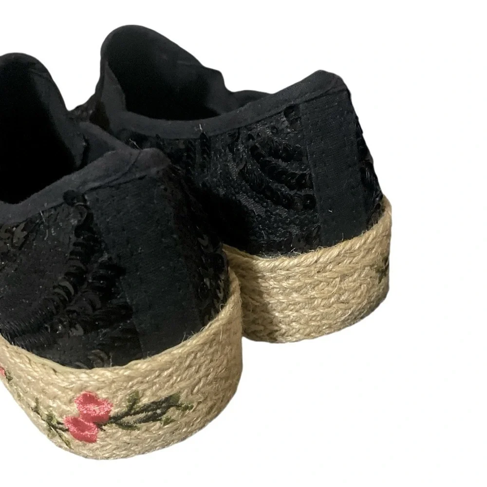 Sequin Floral Embroidered Espadrille Slip-On Black
